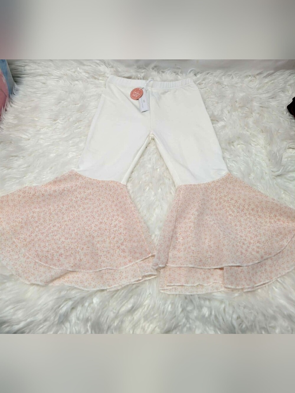 Nwt Girls' Cream Leggings with Light Pink Floral Ruffle Bells